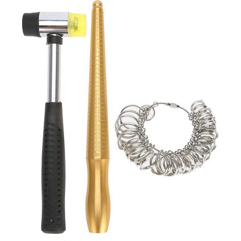 Lot de 3 Mandrin à Bague, Baguette de Mesure pour Doigt, Manche et Marteaux, Outil de Bijouterie
