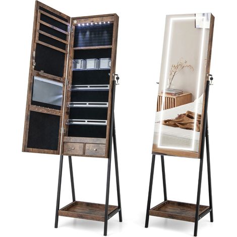 Mobiletto portagioie con specchio a figura intera 41 x 35 x 160 cm 3 opzioni di illuminazione design moderno in MDF marrone rustico 200020785