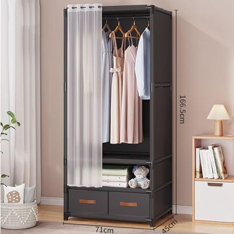 Perchero independiente con cortina para puerta, barra para colgar ropa y cajón, fácil de montar para recibidor, dormitorio, sala de estar. (1/4)