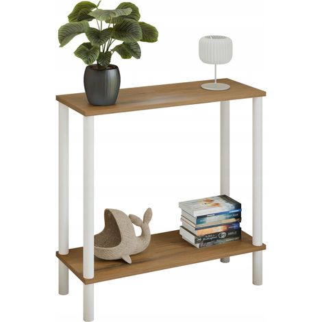 Consola tipo loft con estante de 80x30x80 cm, de metal blanco, para el recibidor. (1/5)