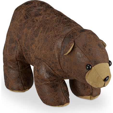 Relaxdays Türstopper Bär, Stoff, Kunstleder, für Boden, innen, schwer, Deko Türsack Tier, HxBxT 17 x 16 x 32 cm, braun