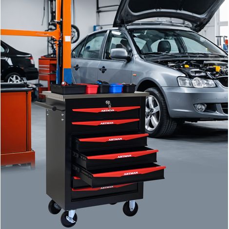 Carro de taller de 7 cajones con ruedas, con cierre, acero negro y rojo DESVIAE (1/5)