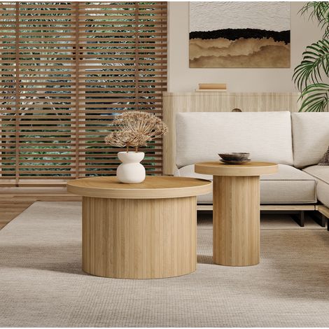 Mesa de centro set 2 piezas MDF natural redonda ahorro de espacio 66 cm (1/5)