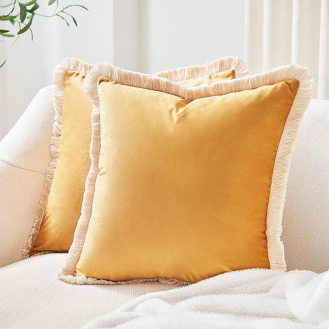Lot de 2 housses de coussin en velours avec franges, décoratives pour canapé, chambre, 45x45 cm, jaune.