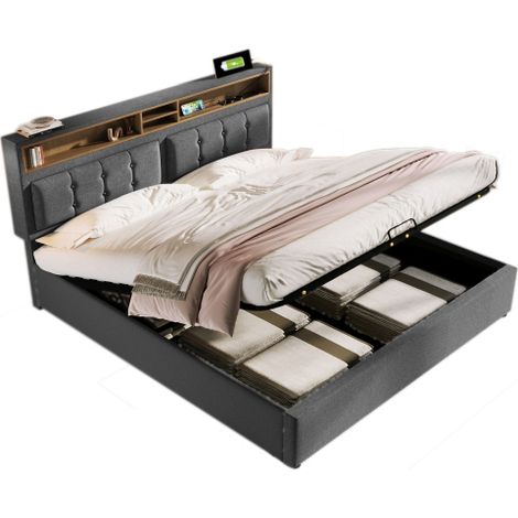 Polsterbett Doppelbett mit USB C Steckdose Ladefunktion Kopfteil,Stauraumbetten Bettgestell aus Leinenmaterial Jugendbett  mit lattenrost(Mit Matratze)