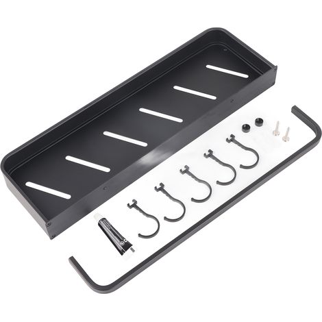Étagère de rangement murale flottante en aluminium noir de 40 cm pour salle de bain, avec porte-serviettes et crochet. (1/5)
