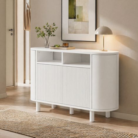 Aparador moderno blanco de MDF con almacenaje abierto y puertas dobles, 120 x 38 x 77 cm (1/5)