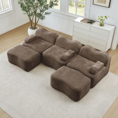 Canapé d'angle modulable 3 places en U, 2 poufs inclus, mousse ferme 32D, assise spacieuse, coussins latéraux déhoussables, sans structure rigide, salon moderne, teinte brun foncé (1/5)