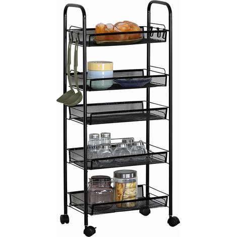 Chariot Multi-Usage Mobile de Rangement pour espaces étroits Fin et Confortable, Peu encombrant, Cuisine, Salle de Bain, Bureau, décoration intérieure, 5 étagères, Noir (1/5)