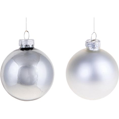 Palline per albero di Natale in vetro decorate color Argento e Bianco lucido e opaco -6 sfere da 8 cm
