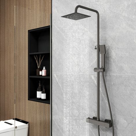 Colonna doccia con miscelatore termostatico, OCEAN Rubinetto Tondo 280x40mm con Soffione Quadrato 20x20cm, Saliscendi Doccia Tondo in Acciaio Inox, Nero