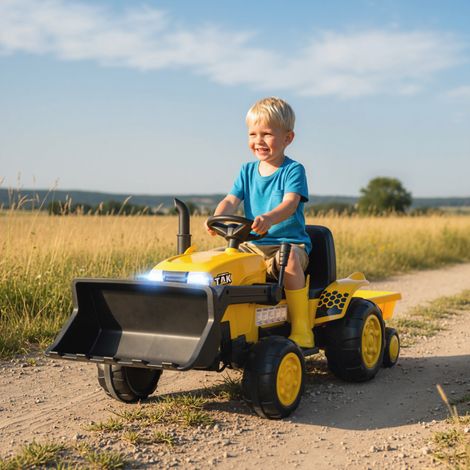 12-V-Elektrobagger für Kinder mit Schaufel und abnehmbarem Anhänger, elektrischer Aufsitztraktor mit 2 Motoren, Fernbedienung, drahtloser Verbindung, USB-Anschluss, Licht und Musik, 3–8 Jahre, Gelb