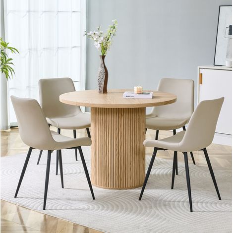 Esszimmergarnitur aus MDF und Metall, naturfarbener Rundtisch 100 cm mit 4 Stühlen aus warmgrauem PU und schwarzem Gestell (1/5)