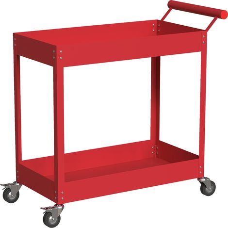Chariot d'atelier 2 niveaux avec poignée latérale, roues freinables, 84,5x38x84 cm, rouge