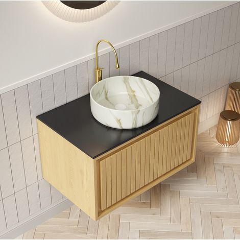 Mobile lavabo sospeso 61 cm in ceramica e pietra sinterizzata, nero e rovere dorato, con cassetto (1/5)