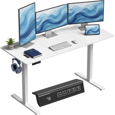 HOMCOM escritorio elevable 140x60 cm, escritorio eléctrico regulable en altura con 3 alturas de memoria, pantalla LED, 2 ganchos, 2 pasacables, blanco (1/5)