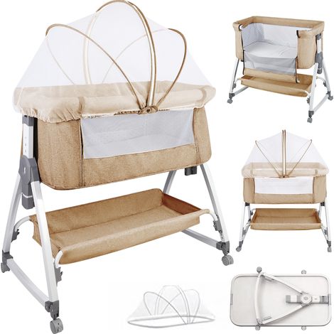 Babybett Beistellbett 6-stufig verstellbares Zusammenklappbar mit Rollen & Moskitonetz 91x50x116cm cremefarben (1/5)