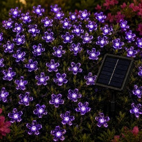 Guirlande lumineuse solaire LED KZQ - 5 mètres de long - 8 modes différents - motif fleurs de cerisier - 20 LED violettes - ultra-lumineuse - balcon (1/5)