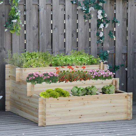 Bac de jardin en bois 3 niveaux 117×100×54 cm – jardinière en escalier pour plantation multiple – avec liner en tissu non tissé