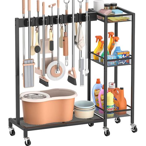 Chariot de nettoyage, métal, design compact, 10 supports, 4 crochets, 3 étagères (1/5)