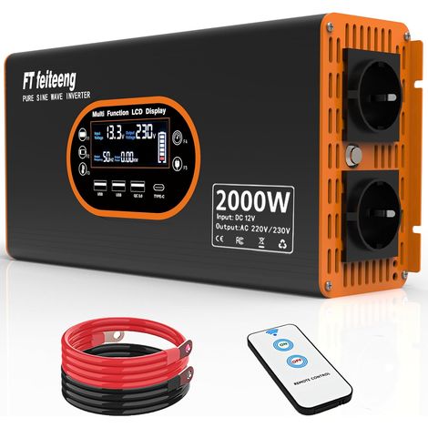 2000W Convertisseur 12V 220V Pur Sinus Onduleur,transformateur 12v 220v avec 2 Prises CA, Port USB, Télécommande sans Fil, écran LCD, pour Les Systèmes Solaires, Voiture, Camping,Voyage, Caravane (1/5)