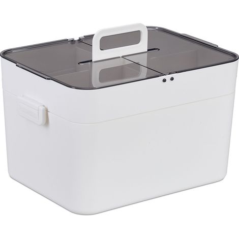 Relaxdays Medicine Storage Box, 5 Compartments, First Aid Organiser, 2 Tiers, Plastic, HWD: 22x28.5x21.5 cm, White/Grey