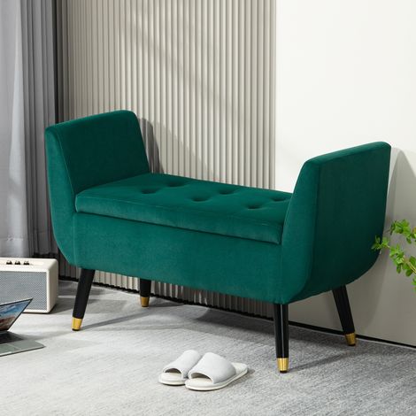 Panca imbottita con vano contenitore, braccioli, poliestere vellutato, legno di caucciù, 107 x 42 x 65 cm, verde