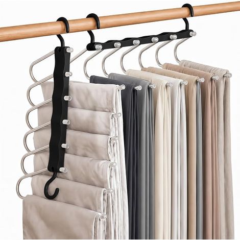 6-in-1 Hosenbügel, platzsparend, Kleiderbänder aus Edelstahl, ausziehbarer Hosenbügel, geeignet für Kleiderschränke, Magic Holeur Hosenbügel, 2er-Pack. (1/5)