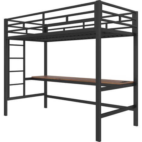 Letto a soppalco 90 x 200 cm in metallo nero con scrivania, scala, LED e sponde (1/5)