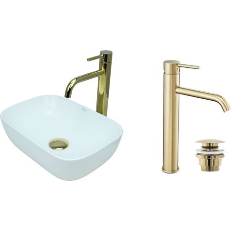 GTM Design Aufsatzwaschbecken 36 cm Glanz Set mit Waschtischbatterie und Stopfen - Aufsatzwaschbecken Oval für Badezimmer - Modernes Waschbecken ohne Hahnloch - Waschbecken mit Armature (1/5)