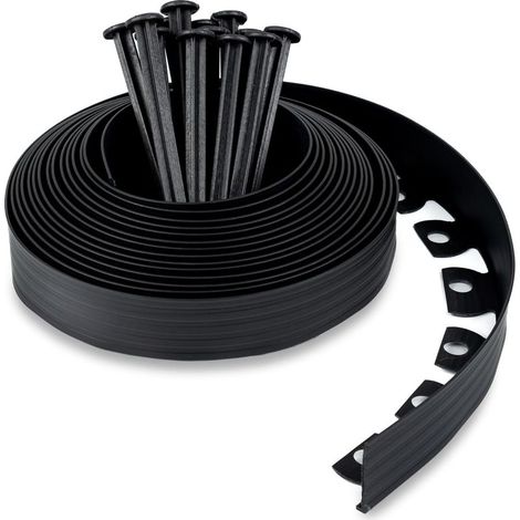 Bordillo de jardín de plástico de 10 metros con 30 estacas de anclaje, 50 mm de alto, 3 mm de grosor, negro. (1/5)