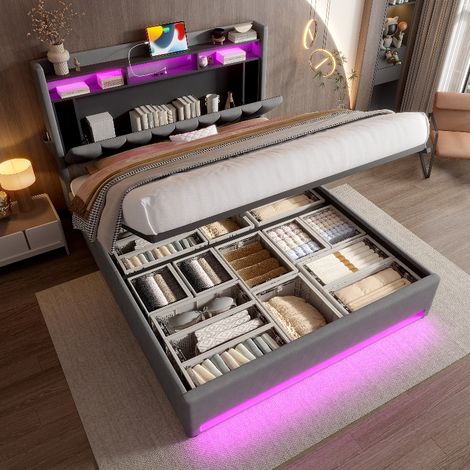 Polsterbett 140x200 Grau mit Stauraum und LED Beleuchtung, Samtbett mit USB Type-C Ladefunktion, Hydraulisches Bettgestell mit Bettkasten (1/5)