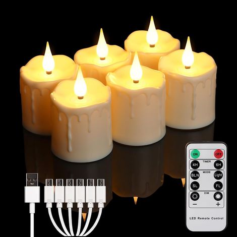 Wiederaufladbare, flammenlose Kerzen mit Fernbedienung und Timer, realistische, batteriebetriebene LED-Teelichter, Set mit 6 warmweißen elektrischen Kunstkerzen (USB-Aufladung) (1/5)