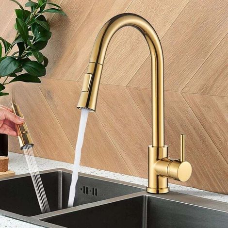 Gold Kitchen Faucet - Extendable with Pull-Out Spray Head, 360° Rotating Sink Mixer Tap - 2 Spray Modes