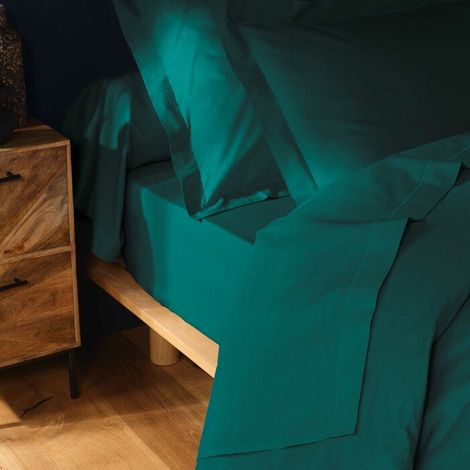Drap plat 1 personne – 180 x 290 cm – coton 57 fils Lina Emeraude – finition point bourdon