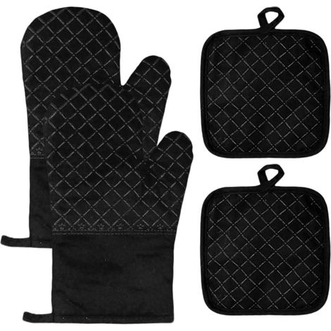 Set of 4 Oven Gloves and Pot Holders - Temperature Protection up to 250°C for Cooking, Microwave, Barbecue, Thick Silicone (27 cm, Black) Protection Temperature Jusqu'à 250°C pour Cuisson, Micro Onde (1/5)