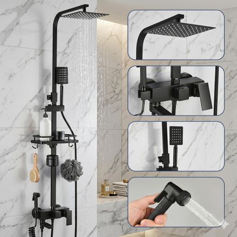 Colonna doccia nero opaco – Miscelatore in ottone a 4 vie con soffione effetto pioggia, mensola integrata e doccetta – Facile installazione