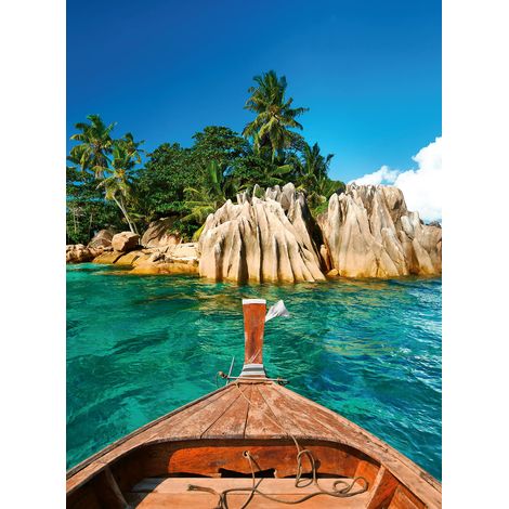 Papier peint panoramique mer des Seychelles turquoise | Tapisserie panoramique palmier & rocher pour escalier | Papier peint panoramique plage salle de bain - 192 X 260 cm (4 pièces) (1/2)