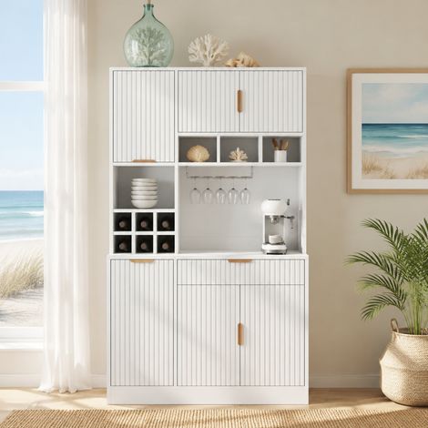Credenza alta 100x40x175 cm con prese, USB-A/USB-C, portabottiglie, bianca DESVIAE (1/5)