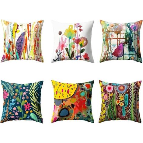 Lot de 6 housses de coussin pour canapé, motif oiseaux et fleurs 45 x 45 cm Cushion Cover (1/5)