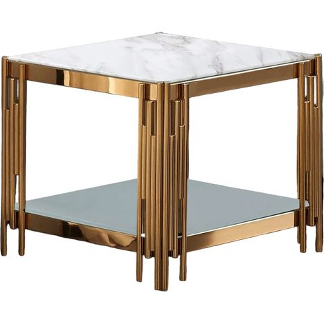 Guéridon bout de canapé double plateau marbre blanc doré FLUTE (1/5)