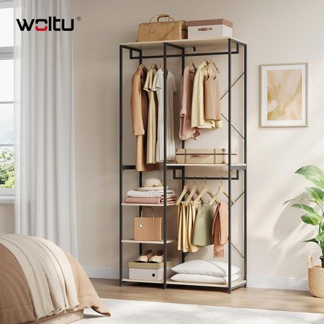 WOLTU Perchero Burro Ropa Perchero Burro con Estante Multiusos Fuerte Metal y Madera 90 x 40 x 204.5 cm(L x P x H) Color Negro+Roble Claro