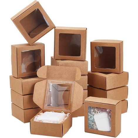 30 Square Kraft Paper Gift Boxes with Transparent PVC Window for Wedding Gifts, Chocolates, Biscuits and Other Small Crafts 9.5 x 9.5 x 4 cm (1/5)