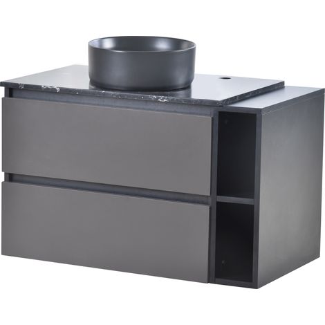 Waschtischunterschrank Haengend mit 2 Schubladen und 1 Offenem Fach, Aufsatzwaschbecken, fuer Bad, MDF, Schwarz Grau (1/5)