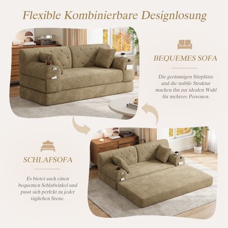 Canapé convertible 2 places en velours côtelé, dossier surélevé, cadre en acier, mousse résiliente, avec 2 supports de boissons et 4 rangements latéraux, parfait pour petits espaces et séjours, teinte (1/5)
