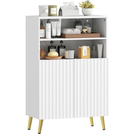 Mobiletto Bagno Moderno con 2 Ripiani Aperti e Armadietto con Ante Ammortizzate, 60x31.8x93 cm, Bianco (1/5)