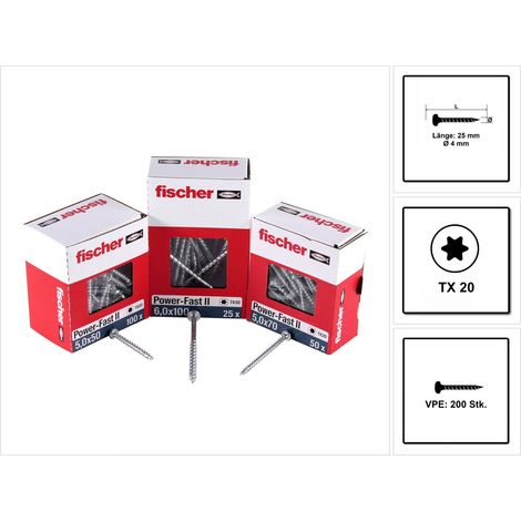 200 Vis à bois aggloméré Power-Fast TX20 Ø4 x 25 mm filetage total - Fischer