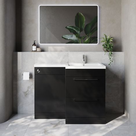 Napoli 460 Matt Black 1100mm 2 Drawer Vanity Unit Toilet Suite with Right Hand Square Lucia Basin - 1100mm - Chrome 320mm HandleWithout Kingston Toilet Pan