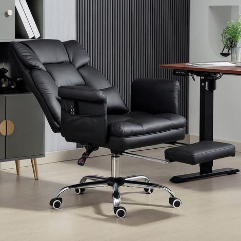 Bürostuhl mit 6 Massagepunkten, ausziehbarer Fußstütze, Höhenverstellung, Fernbedienung und Lendenwirbelstütze, Schwarz