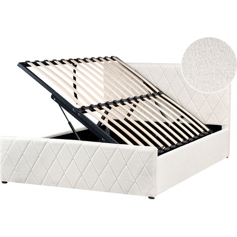 Cama con somier de bouclé blanco crema 140 x 200 cm almacenaje cabecero Rochefort
